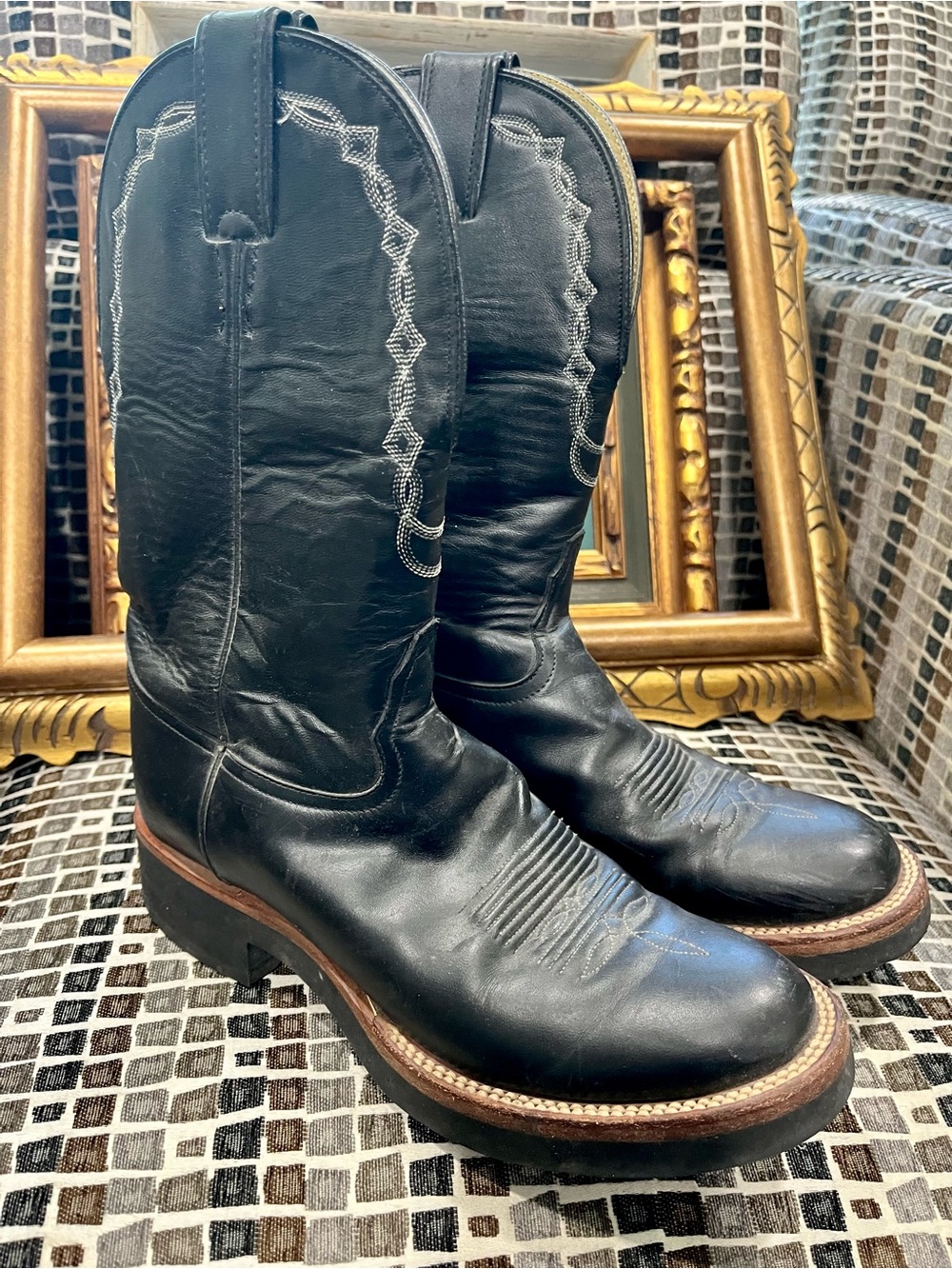 Tony Lama Black Leather Cowboy Boots with White Stitching